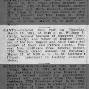 William Canty's obit 1917