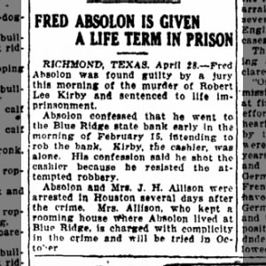 Fred Absolon is Given a Life Term in Prison