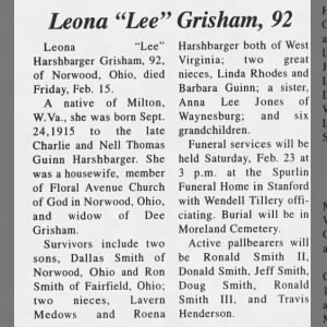 Obituary for Leona Harshbarger Grisham
