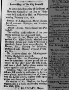Vicksburg Board of Mayor & Council meetings from Feb 21, 1866