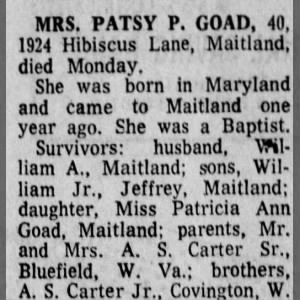 Obituary for PATSY P. GOAD