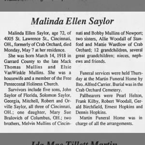 Obituary for Malinda Ellen Saylor