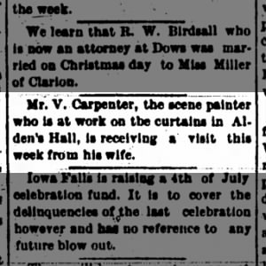 V. Carpenter, scenic artist Alden's Hall Iowa 1892