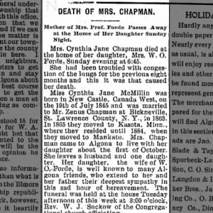 Obituary of Cynthia Jane McMillin wife of Zenus Chapman