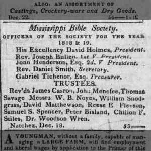 Chilion F. Stiles Trustee of Mississippi Bible Society.  Year 1818 & 1819. Natchez, Fri. Dec 18,1818