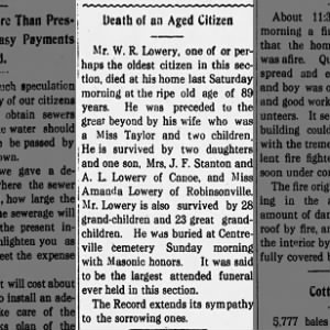 Obituary for W. R. Lowery