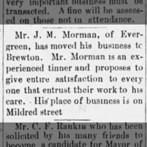 JM Morman moves business from Evergreen to Brewton, 1888