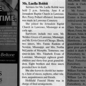 Obituary for Luclla Bobbit