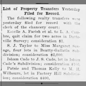 Isham Cade transfers lot in Cade's subdivision to J. S. Cade for $100 in 1906