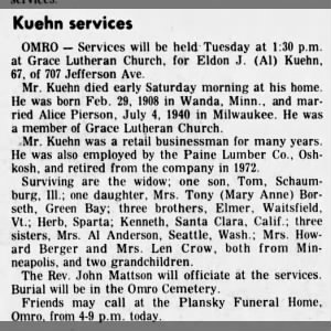 Kuehn, Eldon Obituary from the Monday, March 24, 1975 Green Bay Press-Gazette