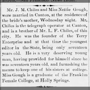 1884 JM Chiles Nettie Gough Marriage Jun 20 1884 Jackson MS