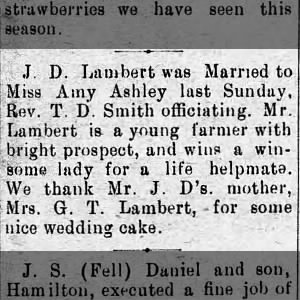 J.D. Lambert marriage to Ethel Ashley