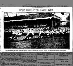 UK wins tug-of-war event in Antwerp, Belgium, 1920; Team is made up of City of London Police