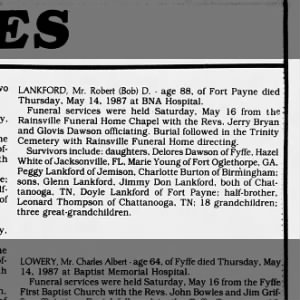 Robert D Lankford  , obit May 1987