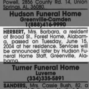Obituary for Barbara HERBERT