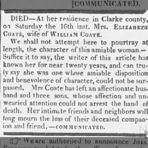Obituary for Elizabeth Coate, mother of Mary Elizabeth Coate and wife of William Coate