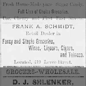 Ad for Frank A Schmidt Jr’s establishment @ 419 Levee st