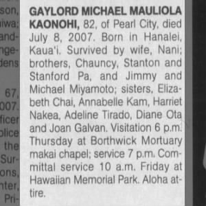 Obituary for MICHAEL MAULIOLA GAYLORD KAONOHI