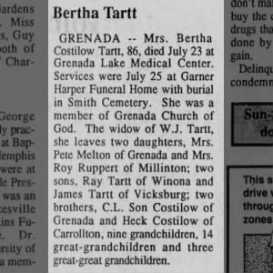 Bertha Costilow Tartt obituary #1