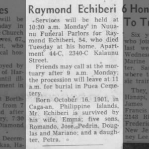 Raymond Echiberi Obit Aug 16,1956 Honolulu Star Advert