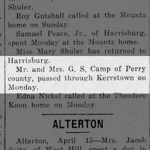 Mr and Mrs G.S. Camp of Perry Co, passed through Kerrstown on Monday.