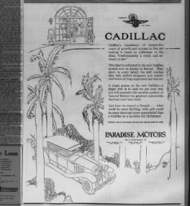 John Kelly Ad. Cadillac. Paradise Motors Dec 15, 1927