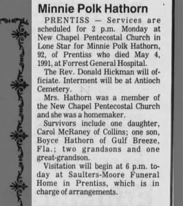 Obituary for Minnie Polk Hathorn