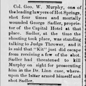George W Murphy -Lawyer of Hot Springs killed George Sadler proprietor of Capital Hotel HS Nov 1881