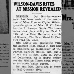 Marriage of Frances Clyde Wilson & E Farmer Davis