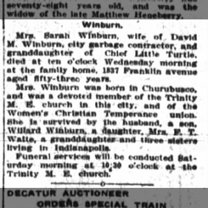1912 - Winburn - Mrs. Sarah Windburn - David M. - granddaughter of Chief Little Turtle