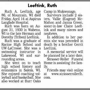 Obituary for Ruth A. Leeftink