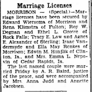 Wiersema Klimstra marriage licenses 1929