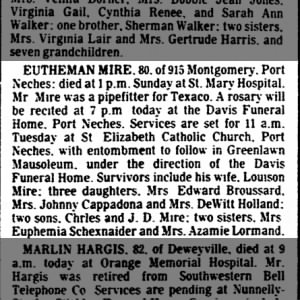 Obituary for Eutheman Mire, 80
