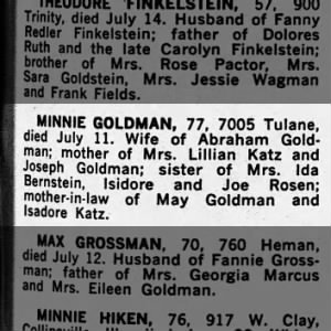Obituary for MINNIE GOLDMAN