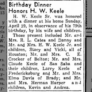 Keele, H W - 79th Birthday Dinner - 1964