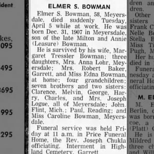 Obituary for ELMER S. BOWMAN
