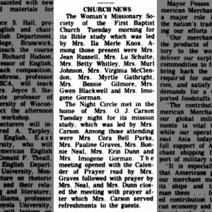 1967 May 21 Mrs OJ Carson hosted the meeting of the Night Circle of the First Baptist Church