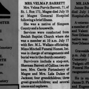 Obituary for Velma Purvis BARRETT