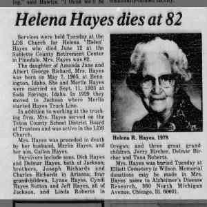 HELENA HAYES OBITUARY -- JUNE 1987 -- MERLIN'S WIFE