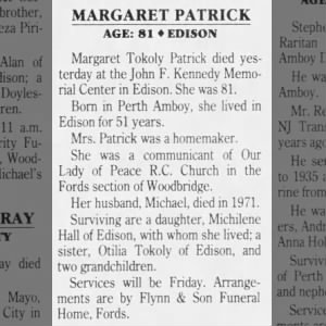 Obituary for Margaret Tokoly PATRICK