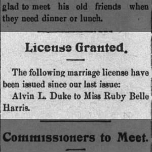 Marriage License for Harris / Duke