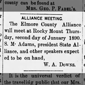 1889 December 05 - Elmore County Alliance at Rocky Mount. SM Adams, Ala  president