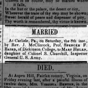 Baird/Churchill marriage, 24 Aug 1846