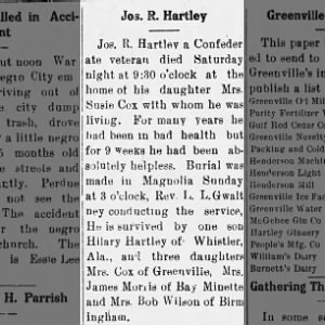 Obituary for Jos. R. Hartley