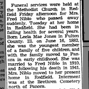 Obituary Leela Mae Jones Niblo 1956