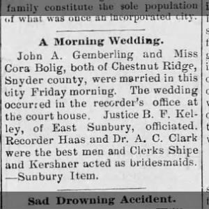 Wedding of John A Gemberling and Cora Bolig