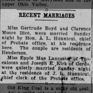 Gertrude Boyd & Clarence Moore Bice Marriage 24 Sep 1922