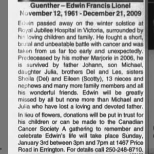 Obituary for Guenther- Edwln Francis Lionel