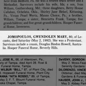 Obituary for GWENDOLEN MARY JOMOPOULOS