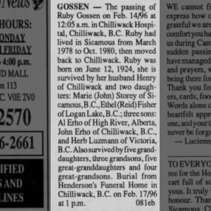 Obituary for Ruby GOSSEN